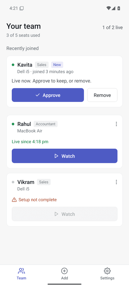 LiveDesk Android app in development: Your team with Kavita waiting for approval, Rahul live, Vikram's setup not complete