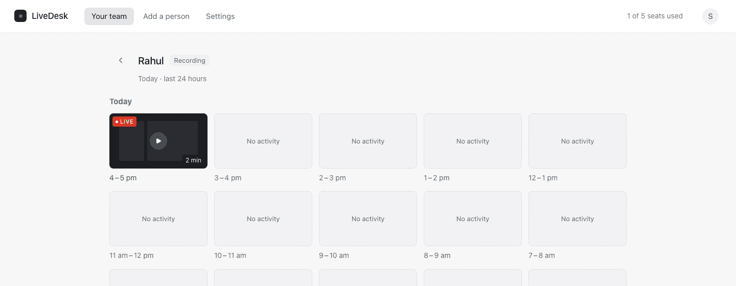 Recordings page for Rahul: hourly tiles for today, the current hour marked LIVE, other hours showing No activity